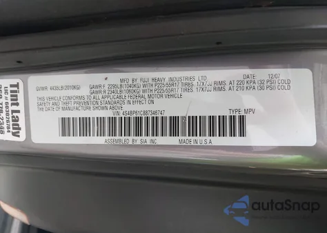 2008 Subaru Outback 2.5I/2.5I L.l. Bean Edition z USA, uszkodzony, nr VIN 4S4BP61C887346747